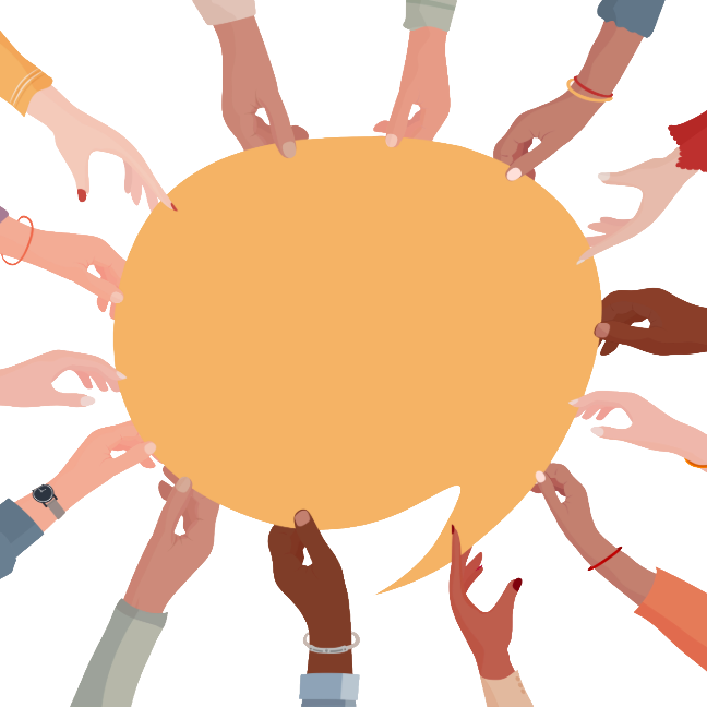 Hands in a circle holding an orange speech bubble.