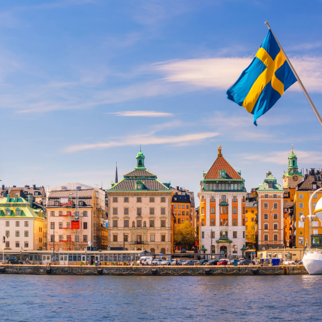 Stockholm shoreline with Sweedish flag in front