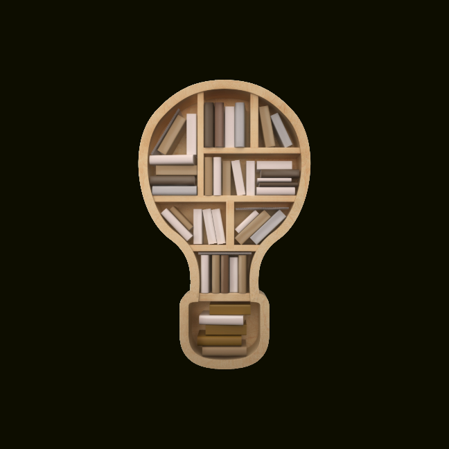 Bookshelf with lots of books in the shape of a light bulb.