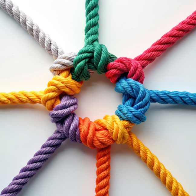 Colourful ropes all knotted together in unity, forming a circle
