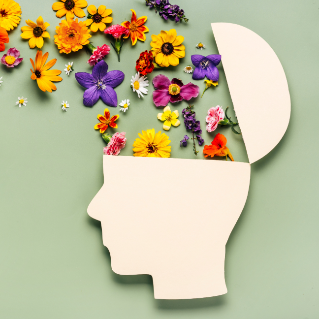 Cartoon of someone's mind bursting with imagination, represented by colourful flowers