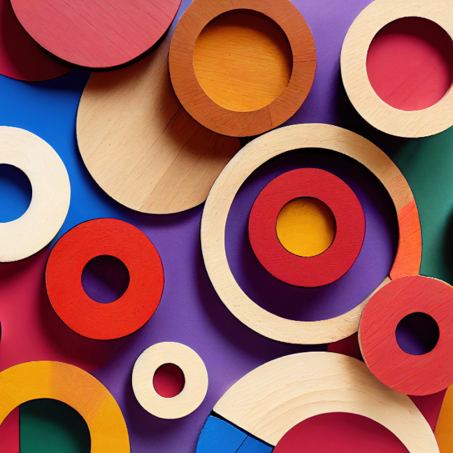 Multiple multicoloured wooden rings (of different sizes) placed in various patterns with eachother - some inside of others, some overlapping.