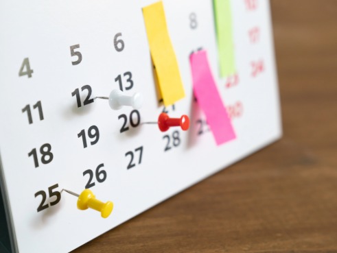 Calendar stuck on a wall with pins and sticky notes on it