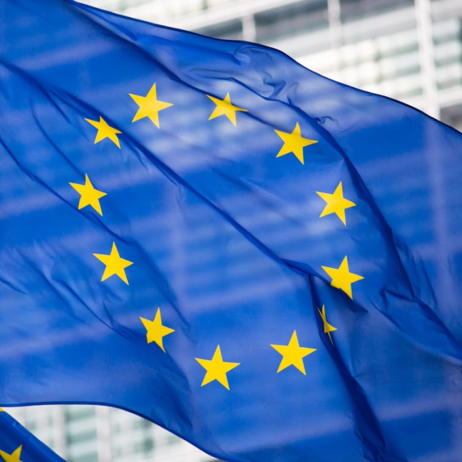 EU flag in front of Berlaymont building facade, supporting Horizon Europe finding.