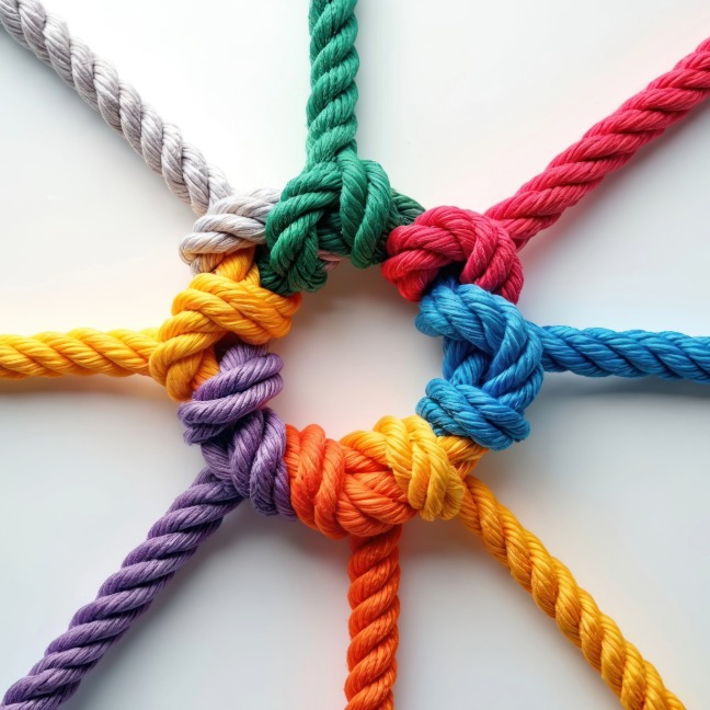 Colourful ropes all knotted together in unity, forming a circle