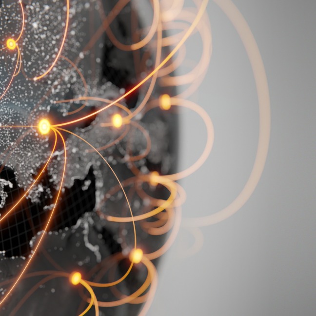 Small section of the globe in grey and black with orange connectors pointed at different countries.