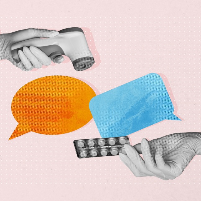 Abstract of two hands holding medical device and pills packet surrounding two speech bubbles