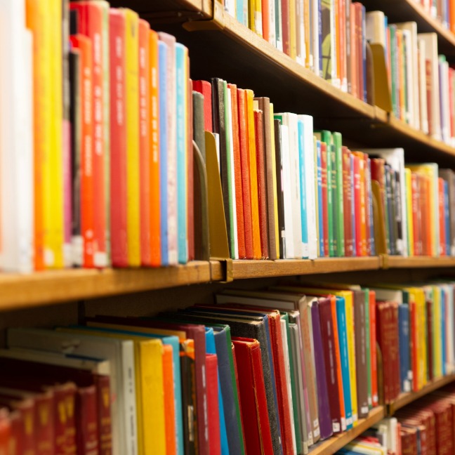 Many colourful books stacked along bookshelves