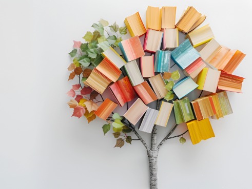 tree with leaves made from different coloured books