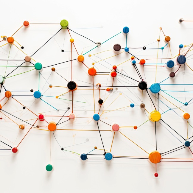 Lots of different coloured and sized pegs connected by lines of string