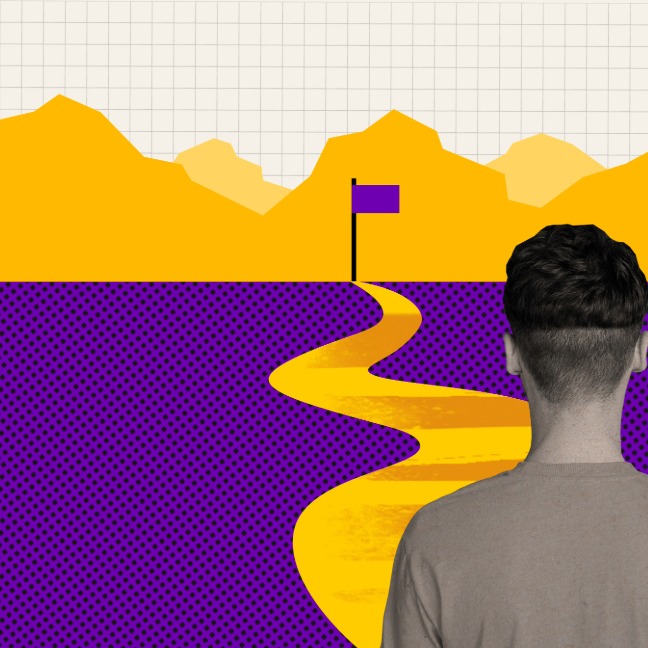 Person looks into the distance to a flag and there's a winding path to reach it