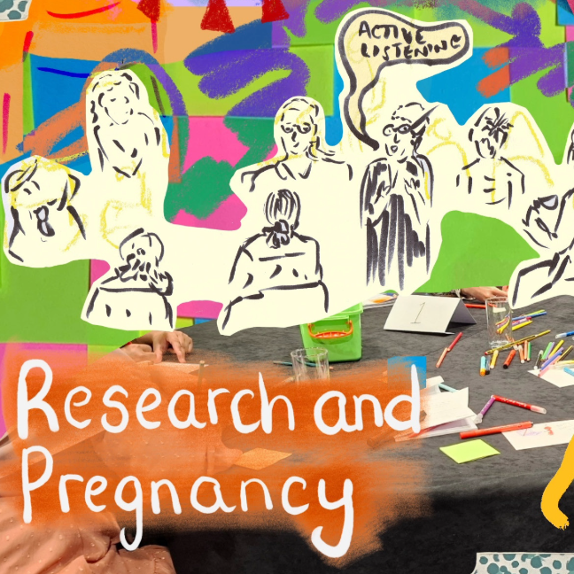 Research and pregnancy. Abstract image of people sitting round a table discussing