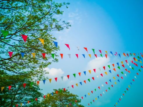 Bunting across the sky and trees.