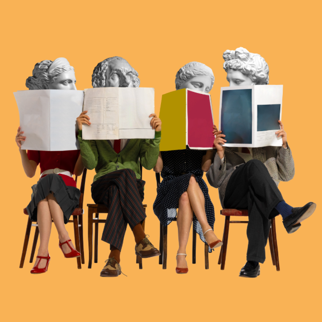 A group of people sit in a row. In this abstract image, their heads have been replaced by historical busts. They are holding up different papers and books.