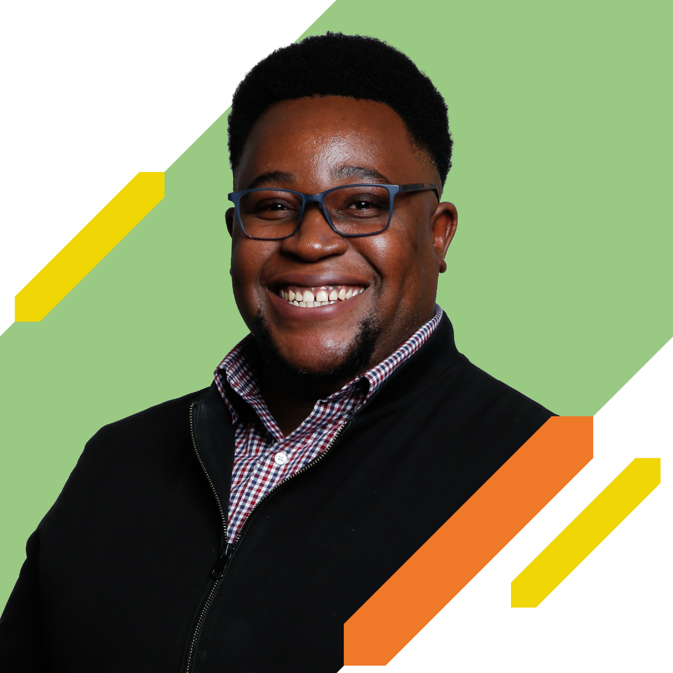 Head-and-shoulders portrait of a person wearing glasses and a dark jacket against a green background with decorative yellow and orange graphic elements.