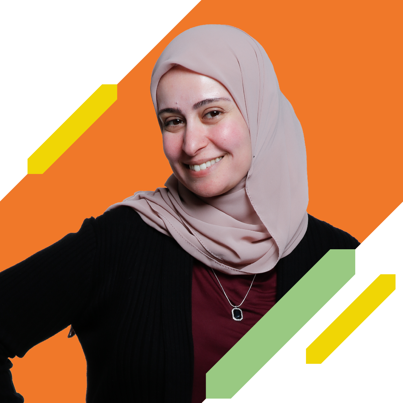 Head-and-shoulders portrait of a person wearing a light-coloured headscarf and dark cardigan against an orange background with decorative yellow and green graphic elements.