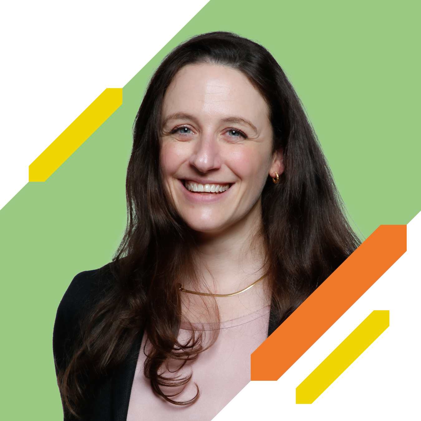 Head-and-shoulders portrait of a person with long dark hair wearing a dark jacket and light-coloured top against a green background with decorative yellow and orange graphic elements.