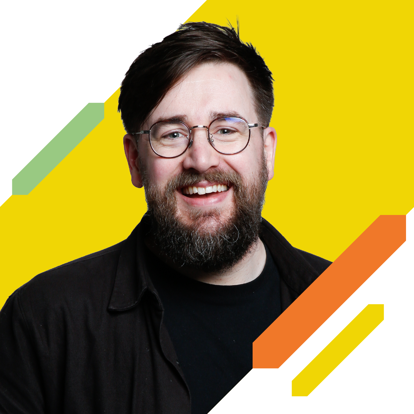 Head-and-shoulders portrait of a person with glasses and a beard against a yellow background with decorative green and orange graphic elements.