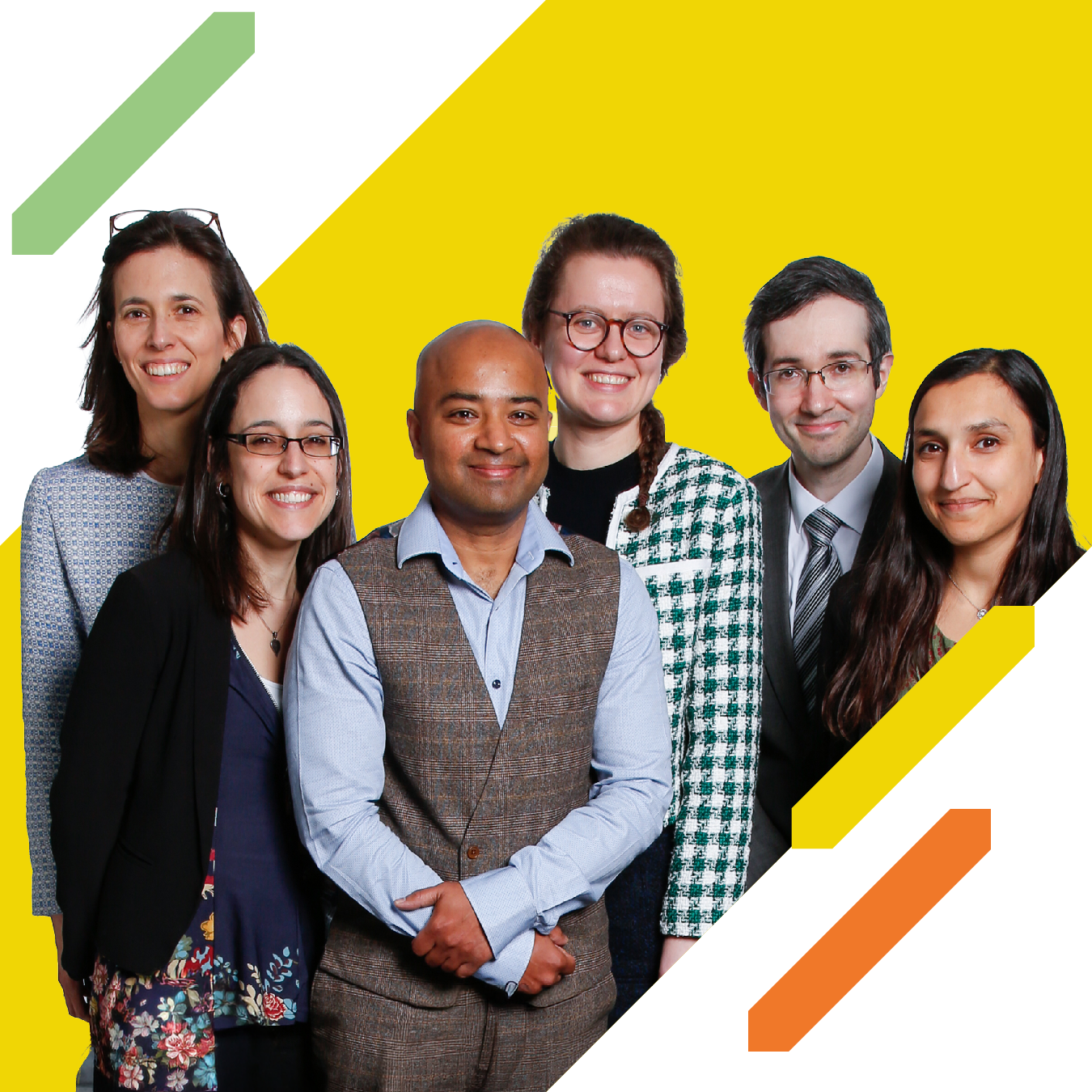 six people stand together for a group photograph against a yellow background. Decorative green, yellow, and orange graphic elements frame the image.