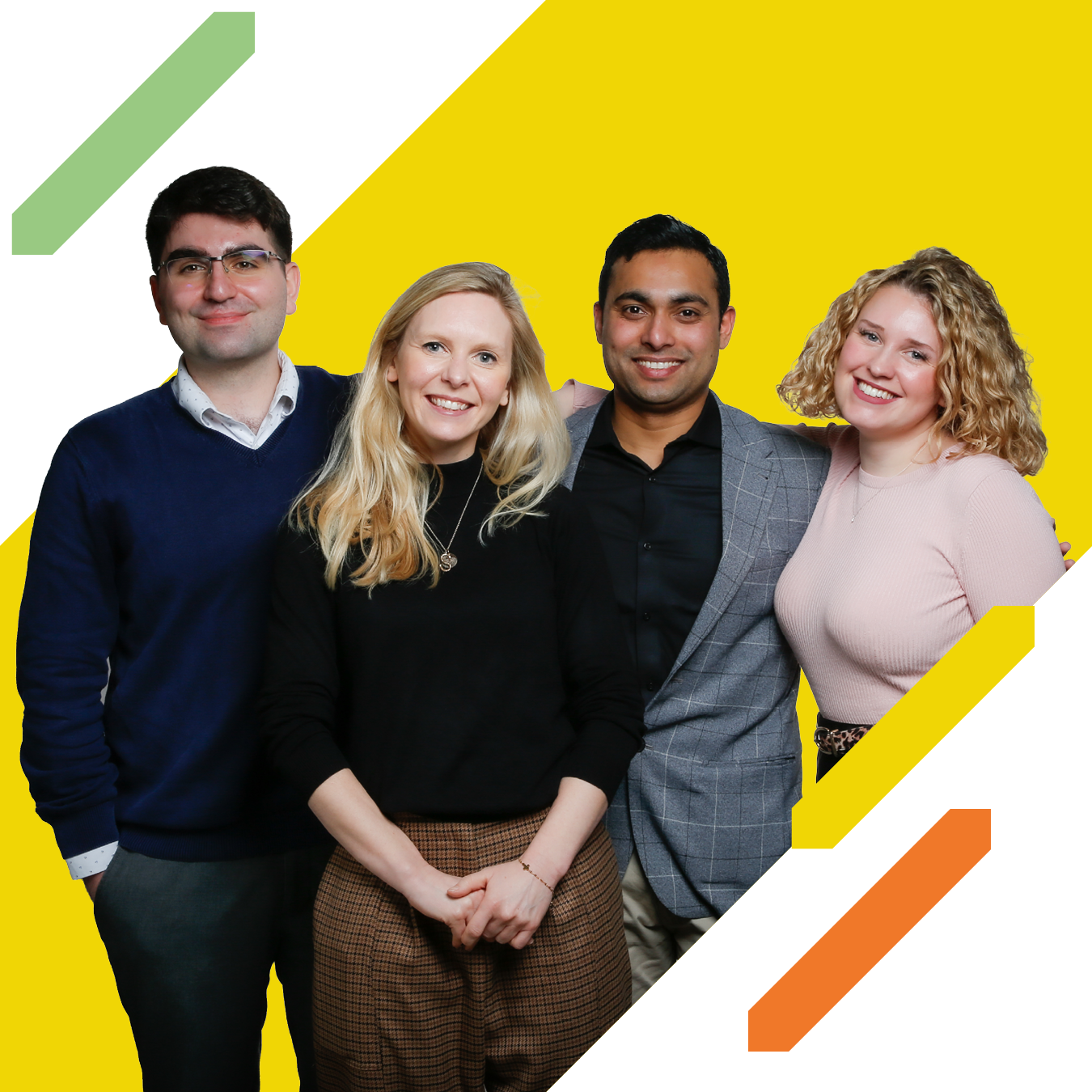 Four people stand together for a group photograph against a yellow background. Decorative green, yellow, and orange graphic elements frame the image.