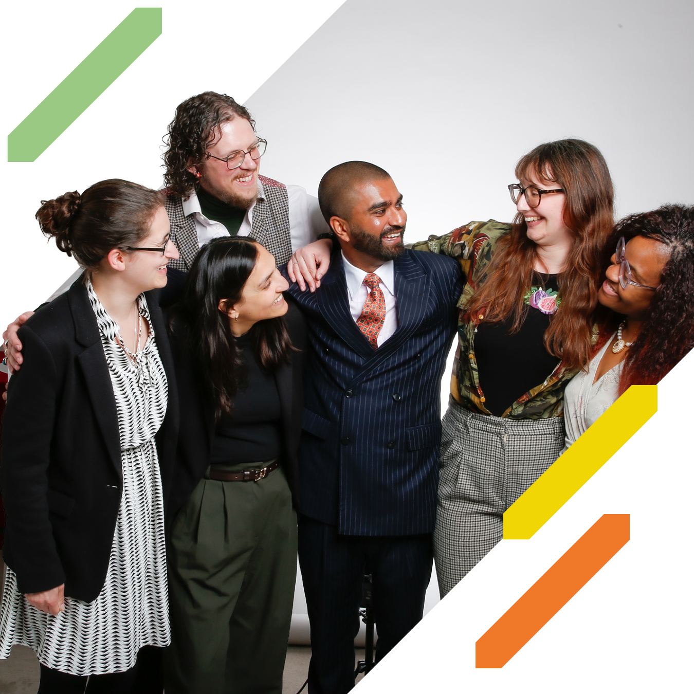 Six people stand together with their arms around one another during a group photograph. Decorative green, yellow, and orange graphic elements frame the image.
