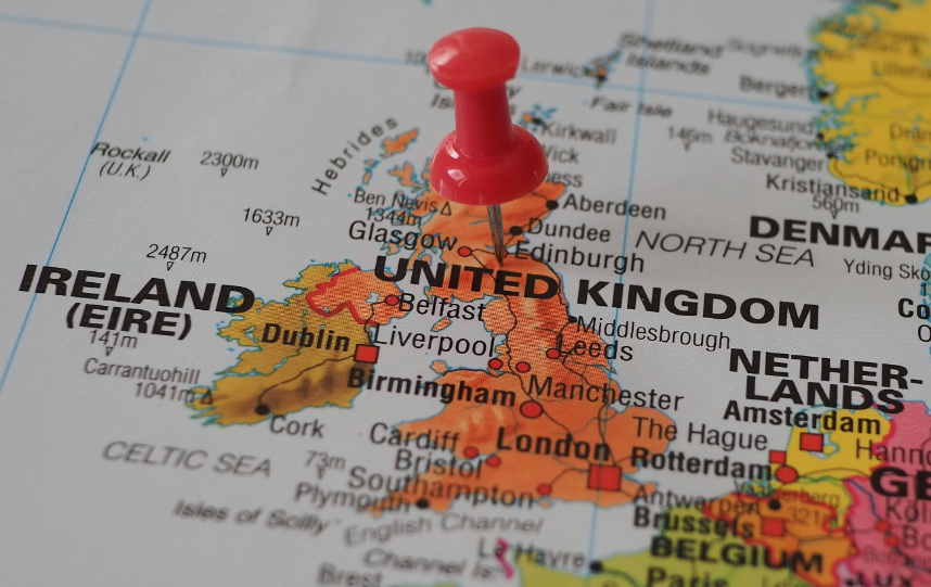 Map of the United Kingdom and Ireland showing England, Scotland, Wales and Northern Ireland, representing devolution and the UK's four nations.