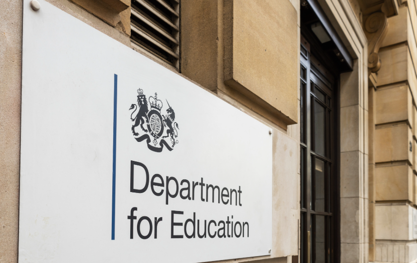 Department for Education sign on the exterior of a government building.