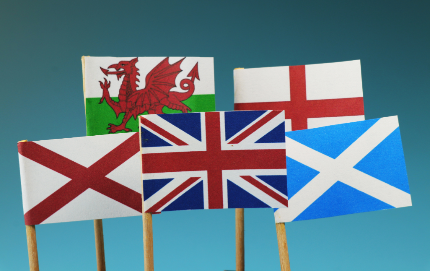 Flags representing England, Scotland, Wales and Northern Ireland alongside the Union Jack flag.
