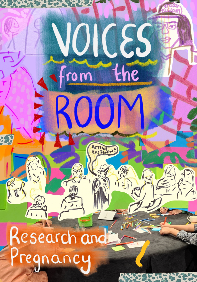 Research and pregnancy event Zine front cover. Abstract image of people sitting round a table discussing