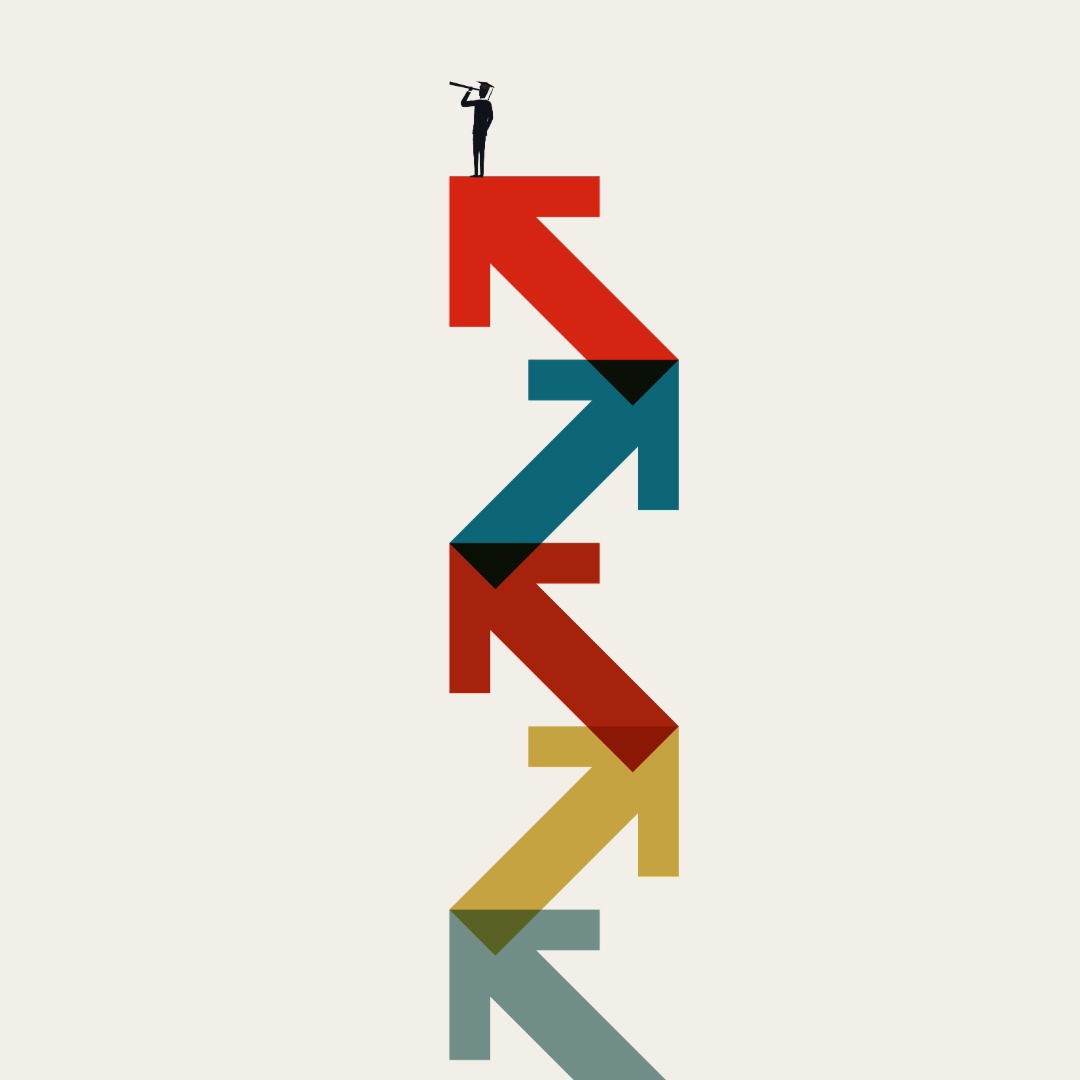 Stylised graphic of interlocking arrows pointing up and down, with a small figure using a telescope at the top, symbolising navigation, direction, and changing pathways.